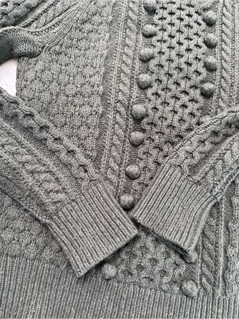 J.Crew Olive Green Cable Knit Sweater Women’s Crew Neck Pom Pom Textured Long XS